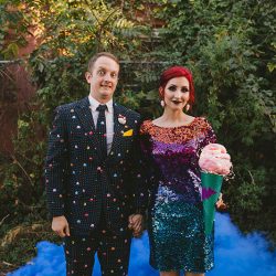Cotton candy, smoke bombs, and LED outfits shine at this wonderfully weird Austin wedding