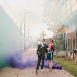 Cotton candy, smoke bombs, and LED outfits shine at this wonderfully weird Austin wedding