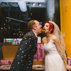 Cotton candy, smoke bombs, and LED outfits shine at this wonderfully weird Austin wedding
