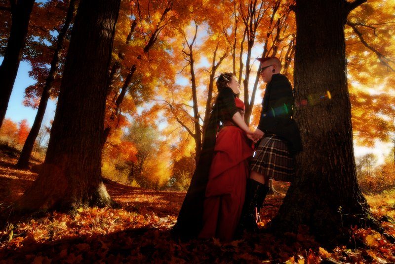 Christie & Phill’s red dress nature wedding