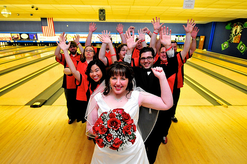 Pac-Man, pizza, and Princess Peach at this bowling wedding
