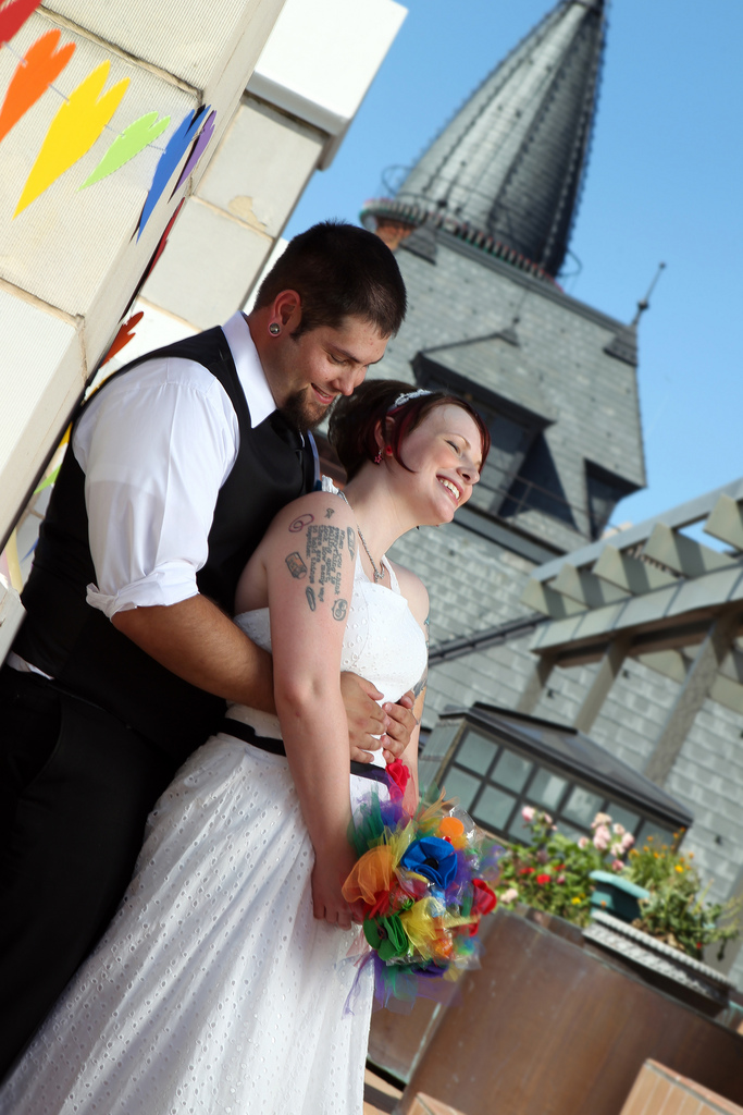 Anna & Tom’s rainbow hearts and tulle wedding