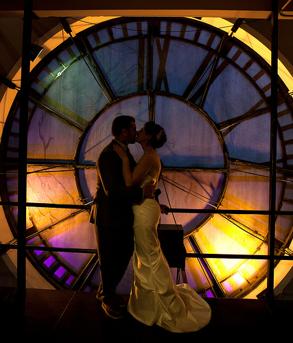 An urban clock tower dance party Denver wedding