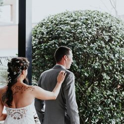Pine cones, flowery hair, and forest chic combine at this rustic mountain wedding