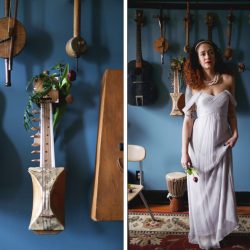 Jalopy Theater Bridal Styled Shoot 13 - Funky instruments & muted flowers at this dark and eclectic inspiration shoot at an old Brooklyn theater Funky instruments & muted flowers at this dark and eclectic inspiration shoot at an old Brooklyn theater