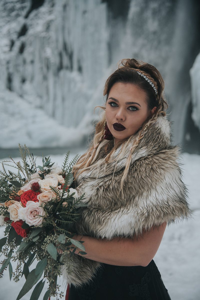 Velvet, faux fur, and waterfalls at this Franklin Falls wintry elopement inspiration