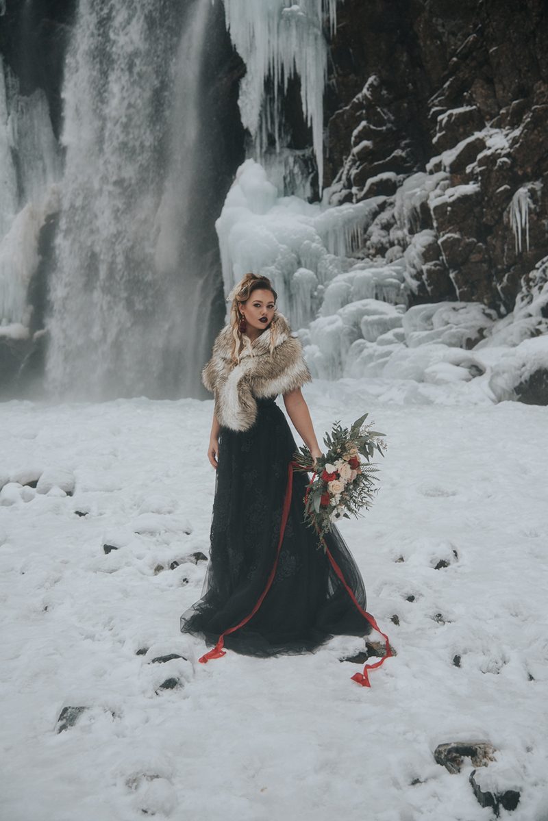 Velvet, faux fur, and waterfalls at this Franklin Falls wintry elopement inspiration