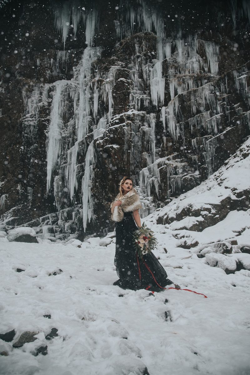 Velvet, faux fur, and waterfalls at this Franklin Falls wintry elopement inspiration