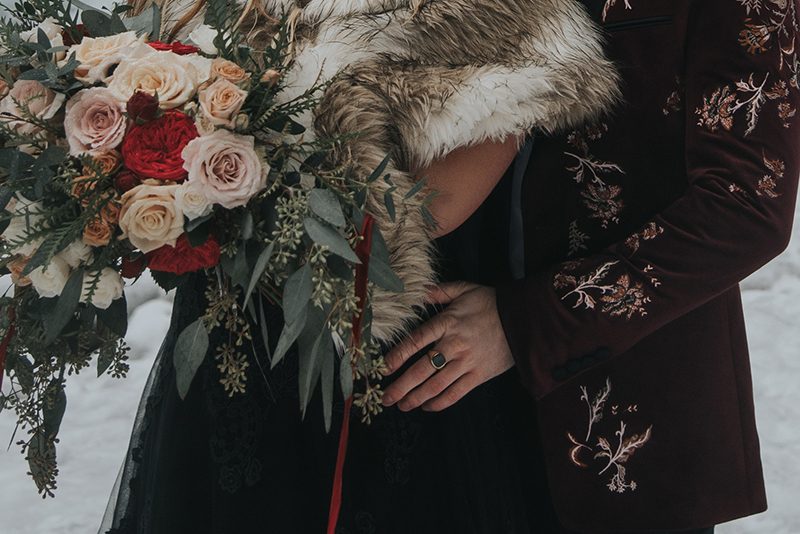 Velvet, faux fur, and waterfalls at this Franklin Falls wintry elopement inspiration