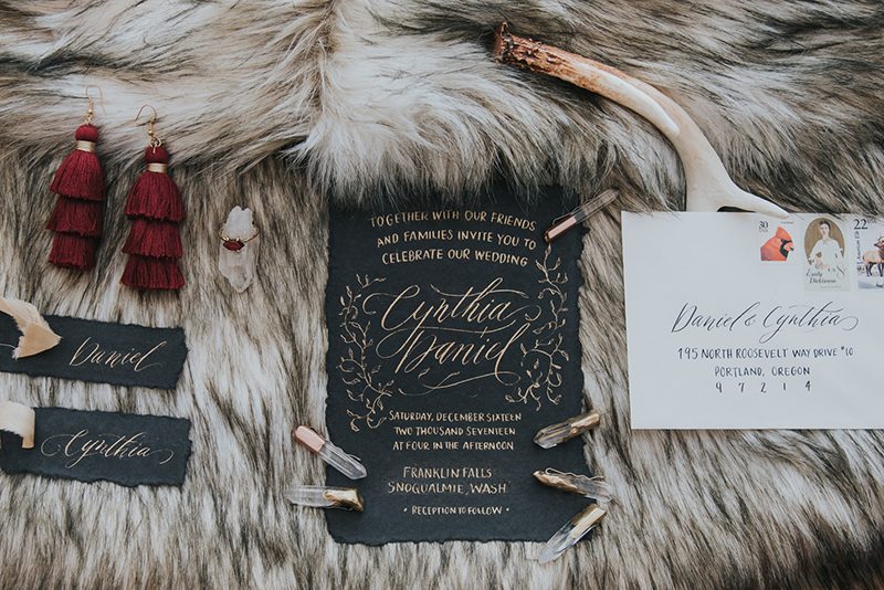Velvet, faux fur, and waterfalls at this Franklin Falls wedding inspiration