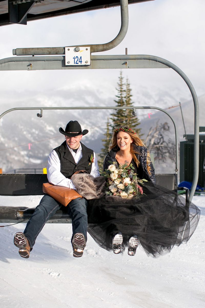 Don't miss the black gown and ski lift ride at this crisp winter elopement 