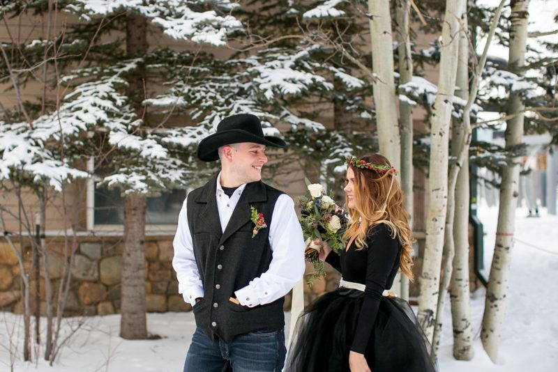Don't miss the black gown and ski lift ride at this crisp winter elopement 