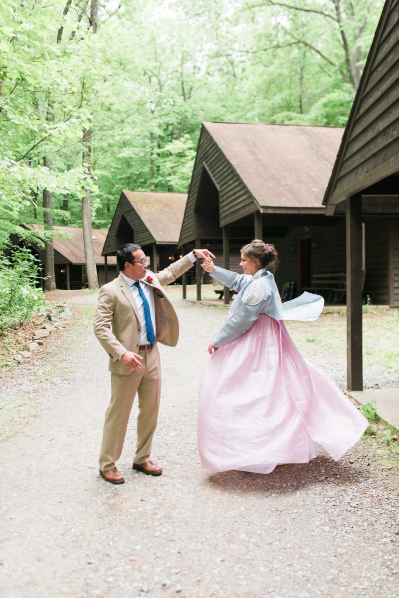 Happily ever campers: this summer camp wedding had a trail mix bar, camp mug favors, and Korean traditions