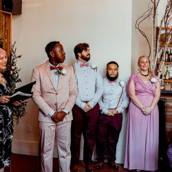 You'll need to fan yourself from the pink suit & striped dress at this romantic brunch wedding