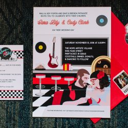 It's guitars & malt shop love at this retro diner-themed wedding