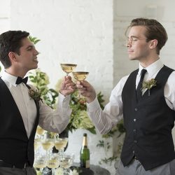 Industrial chic vibes at this vintage-inspired two-groom wedding inspiration