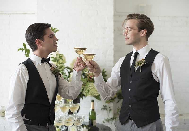 Industrial chic vibes at this vintage-inspired two-groom wedding inspiration