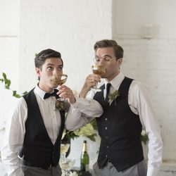 Industrial chic vibes at this vintage-inspired two-groom wedding inspiration