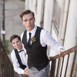 Industrial chic vibes at this vintage-inspired two-groom wedding inspiration