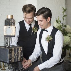 Industrial chic vibes at this vintage-inspired two-groom wedding inspiration