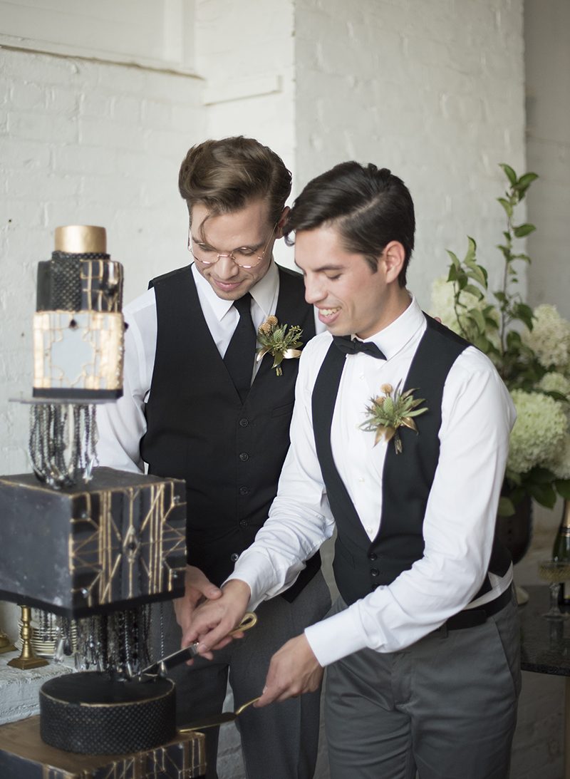 Industrial chic vibes at this vintage-inspired two-groom wedding inspiration