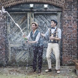 Industrial chic vibes at this vintage-inspired two-groom wedding inspiration