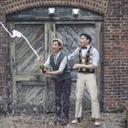 Industrial chic vibes at this vintage-inspired two-groom wedding inspiration