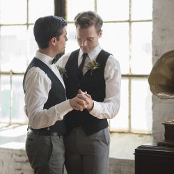 Industrial chic vibes at this vintage-inspired two-groom wedding inspiration