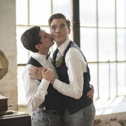 Industrial chic vibes at this vintage-inspired two-groom wedding inspiration