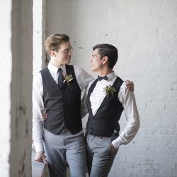 Industrial chic vibes at this vintage-inspired two-groom wedding inspiration