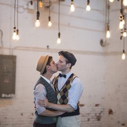 Industrial chic vibes at this vintage-inspired two-groom wedding inspiration