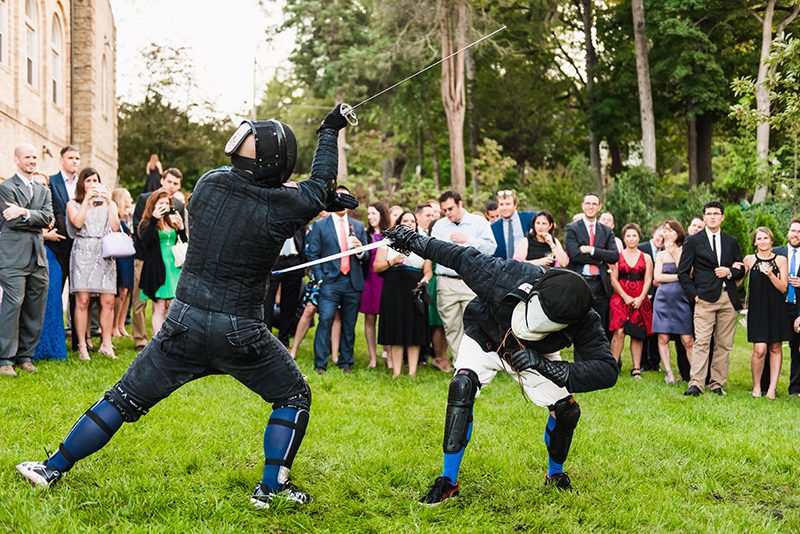 Sword fights & purple kilts at this dance party wedding with an Oreo toast