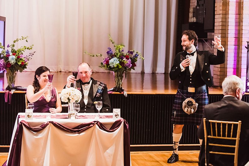 Sword fights & purple kilts at this dance party wedding with an Oreo toast