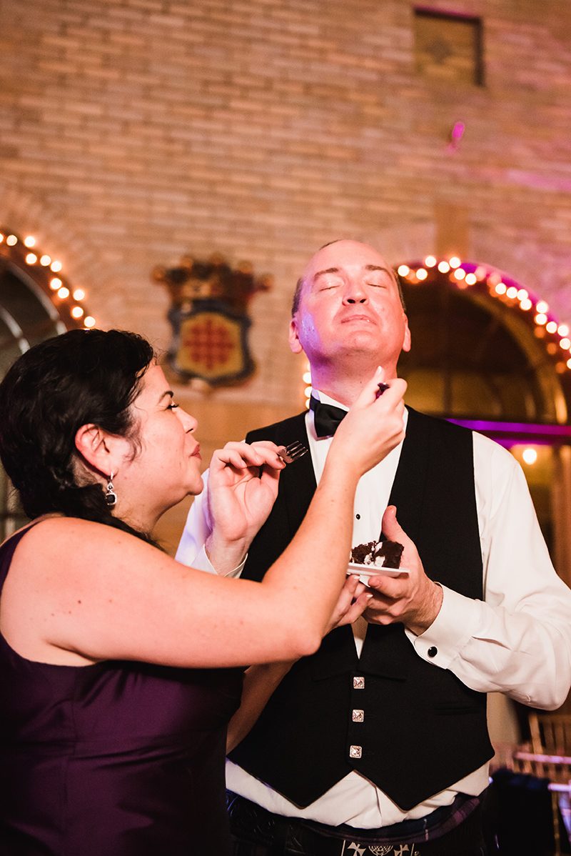 Sword fights & purple kilts at this dance party wedding with an Oreo toast
