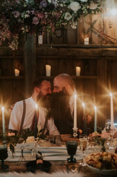 Leather, cigars, & Samoyeds at this burly bearded couple's winter in Maine wedding inspiration