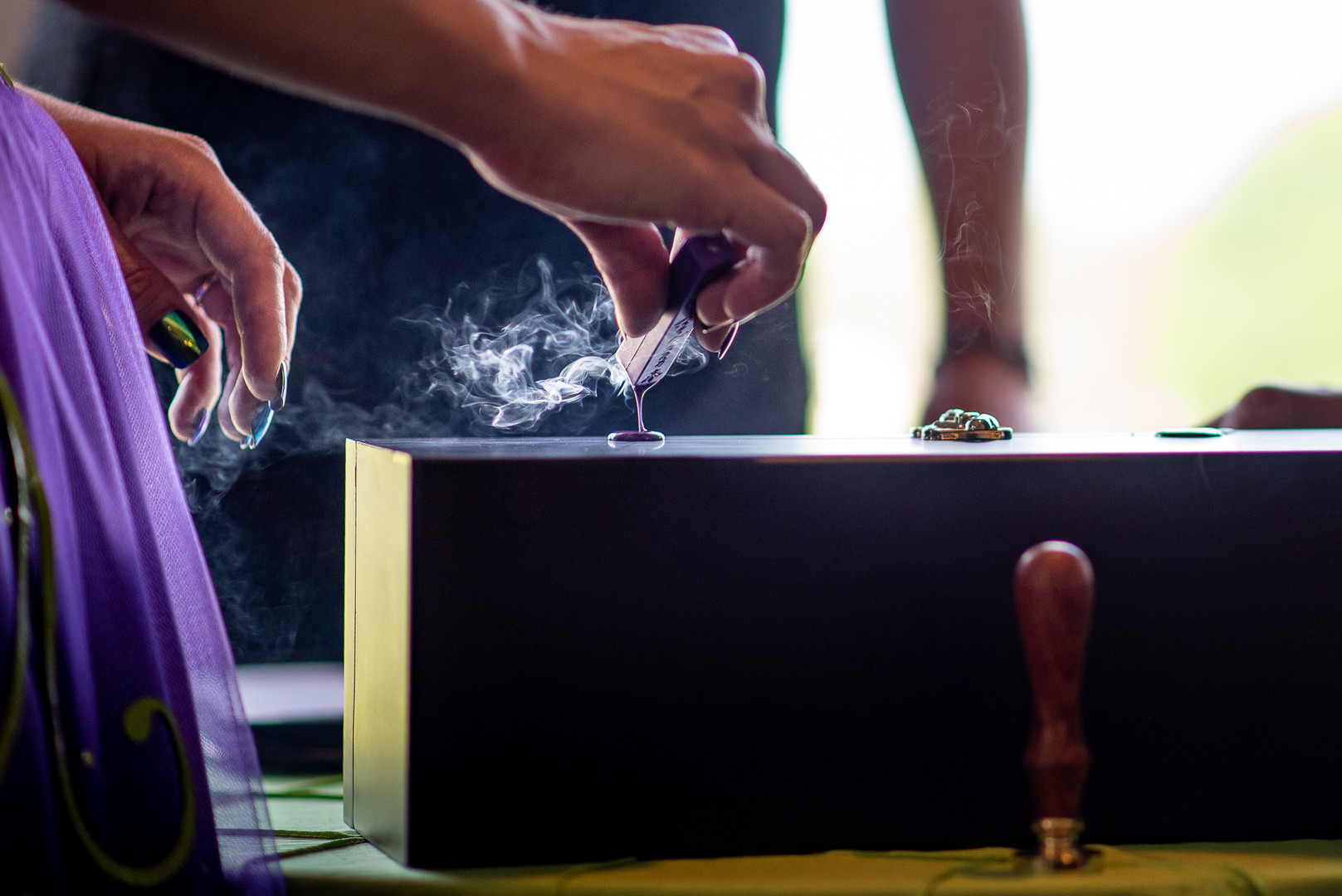 Arcade games & epic foliage at this whimsical green & purple wedding