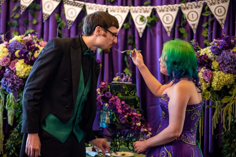 Arcade games & epic foliage at this whimsical green & purple wedding