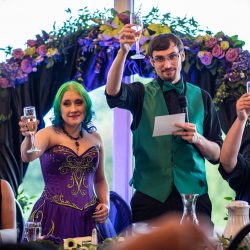 Arcade games & epic foliage at this whimsical green & purple wedding