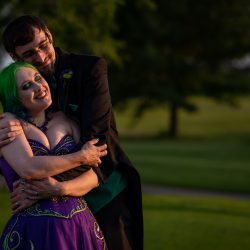Arcade games & epic foliage at this whimsical green & purple wedding