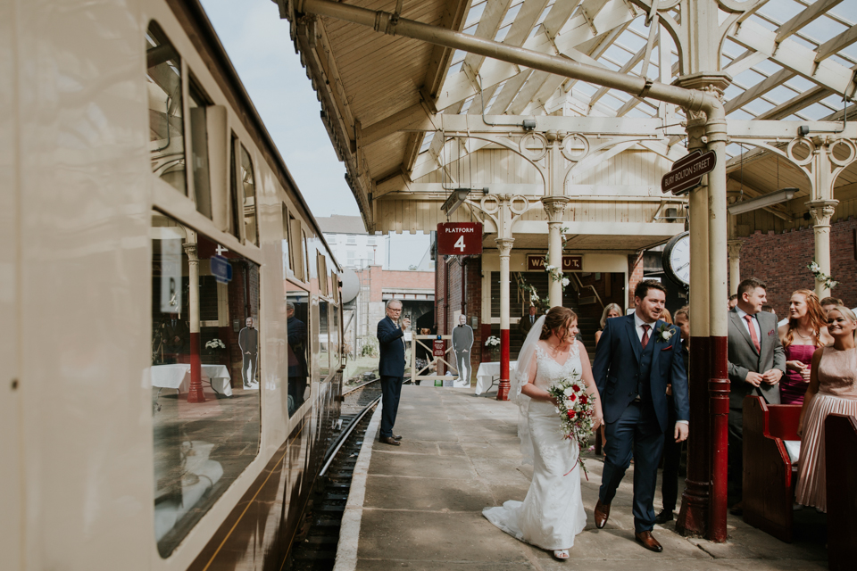 All aboard this gorgeous steam train wedding with a museum party in Manchester, UK