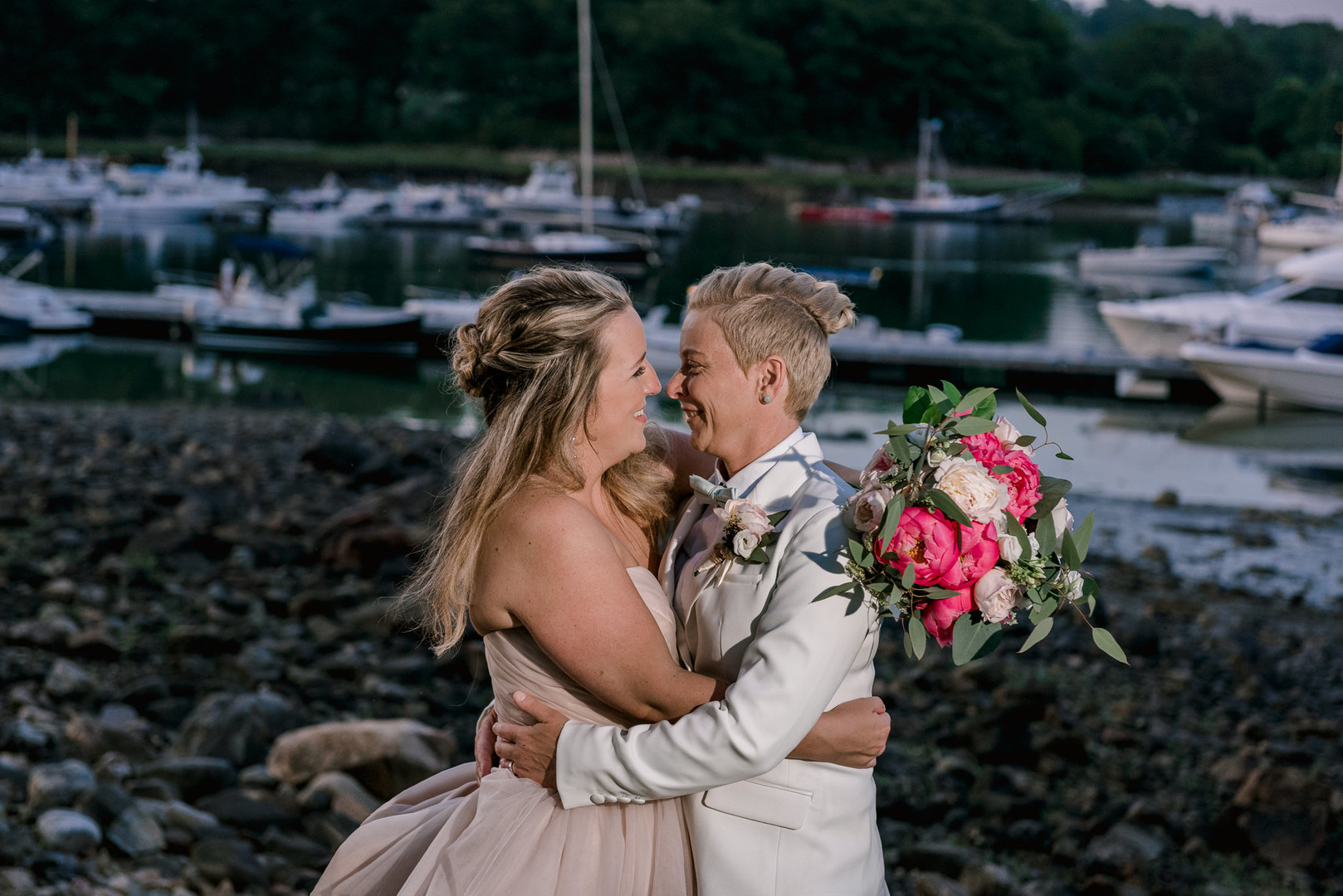 Two brides, a scrapbook proposal, & their sun-drenched nautical Maine wedding