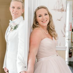 deGonzague Heffernan TrinaDinnarPhotography SameSexOceansideNauticalMaineWedding39 big - Two brides, a scrapbook proposal, & their sun-drenched nautical Maine wedding Two brides, a scrapbook proposal, & their sun-drenched nautical Maine wedding