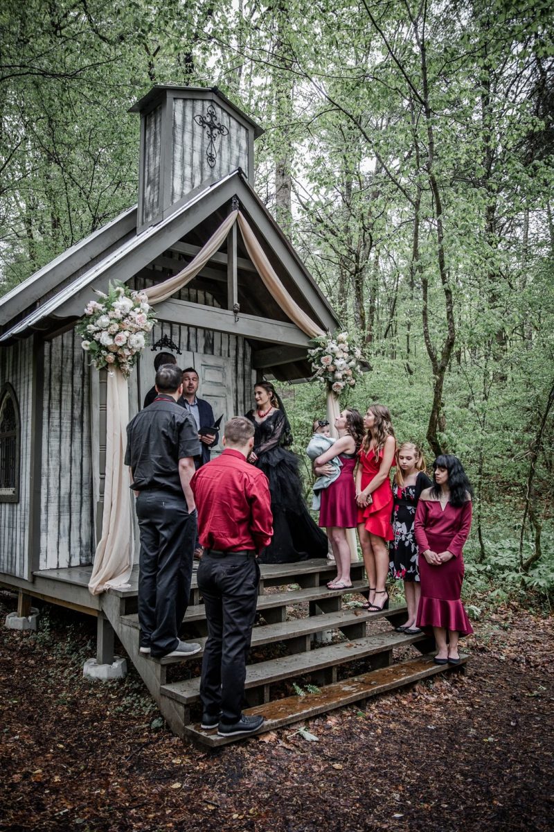 Dark & romantic style meets a wedding chapel in the woods