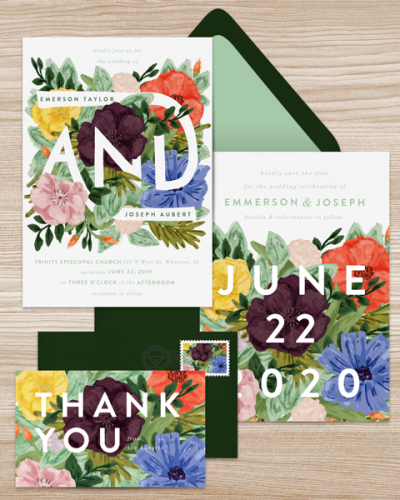 Layered Florals Full Suite w background - 6 lovely email wedding invitation designs that won't freak out your relatives Layered Florals Full Suite w background