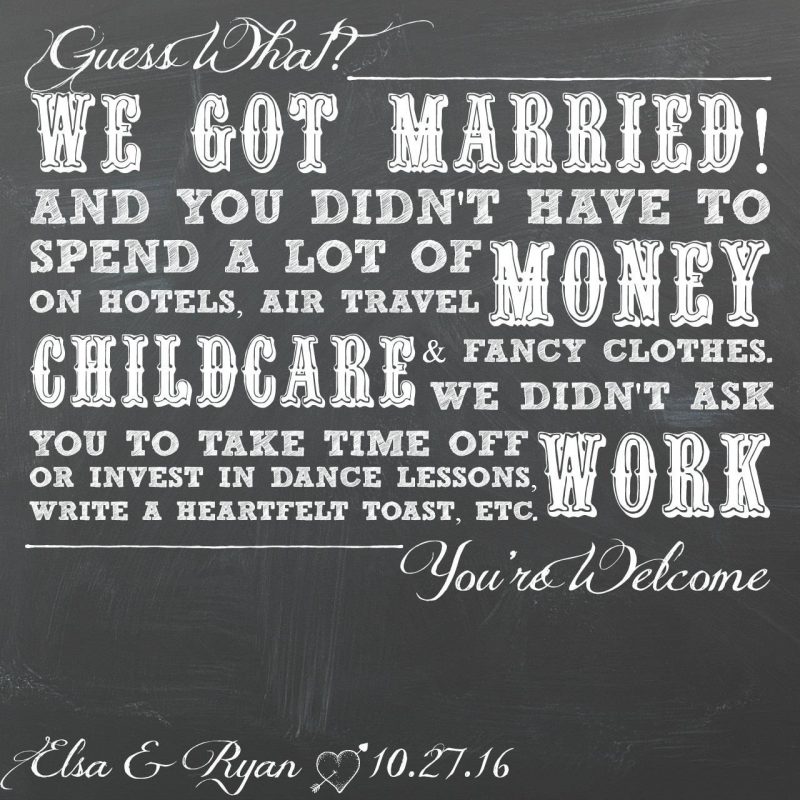funny elopement card on offbeat bride