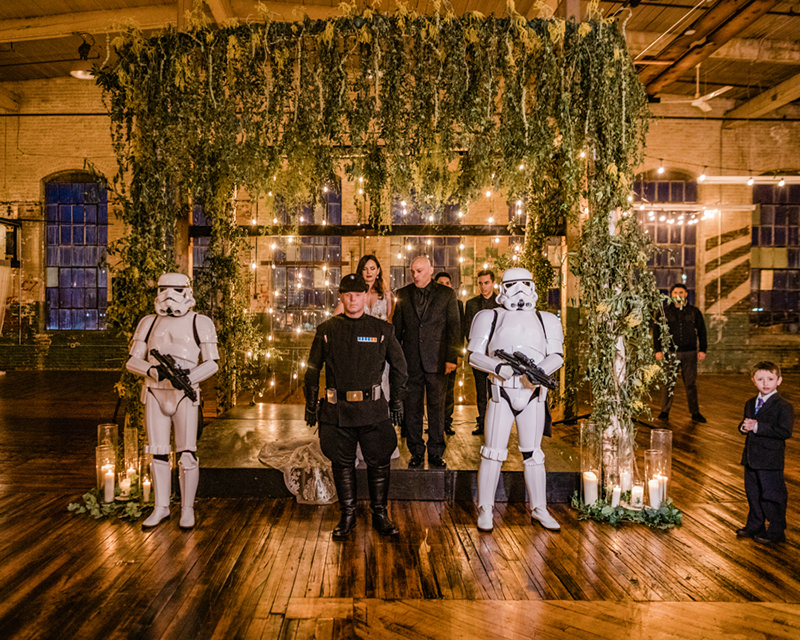 Lightsabers and Westeros meet at this eclectic warehouse wedding