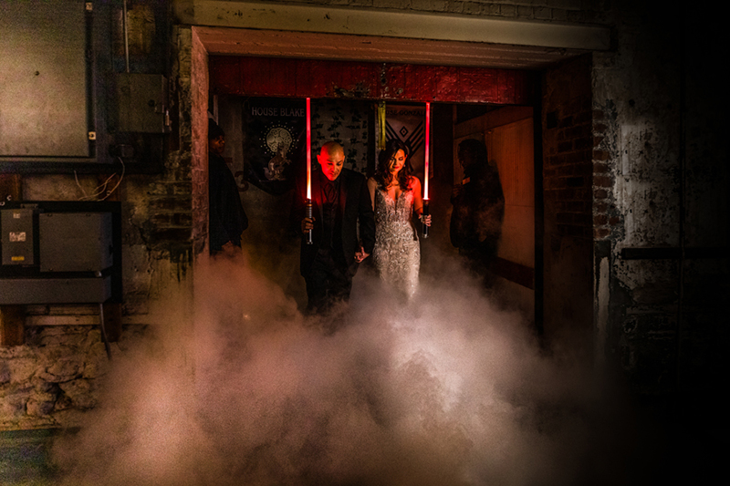 Lightsabers and Westeros meet at this eclectic warehouse wedding