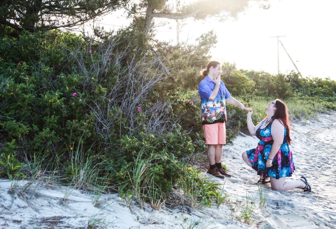 WeirdoWeddings_JenSulak_BeachEngagement_CapeCodMA_kneeling_LARPers