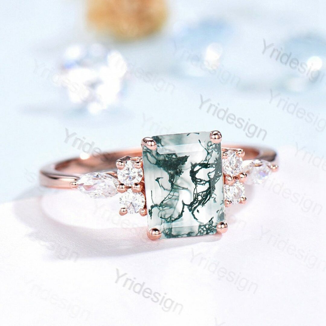 Emerald Cut Moss Agate Engagement Ring