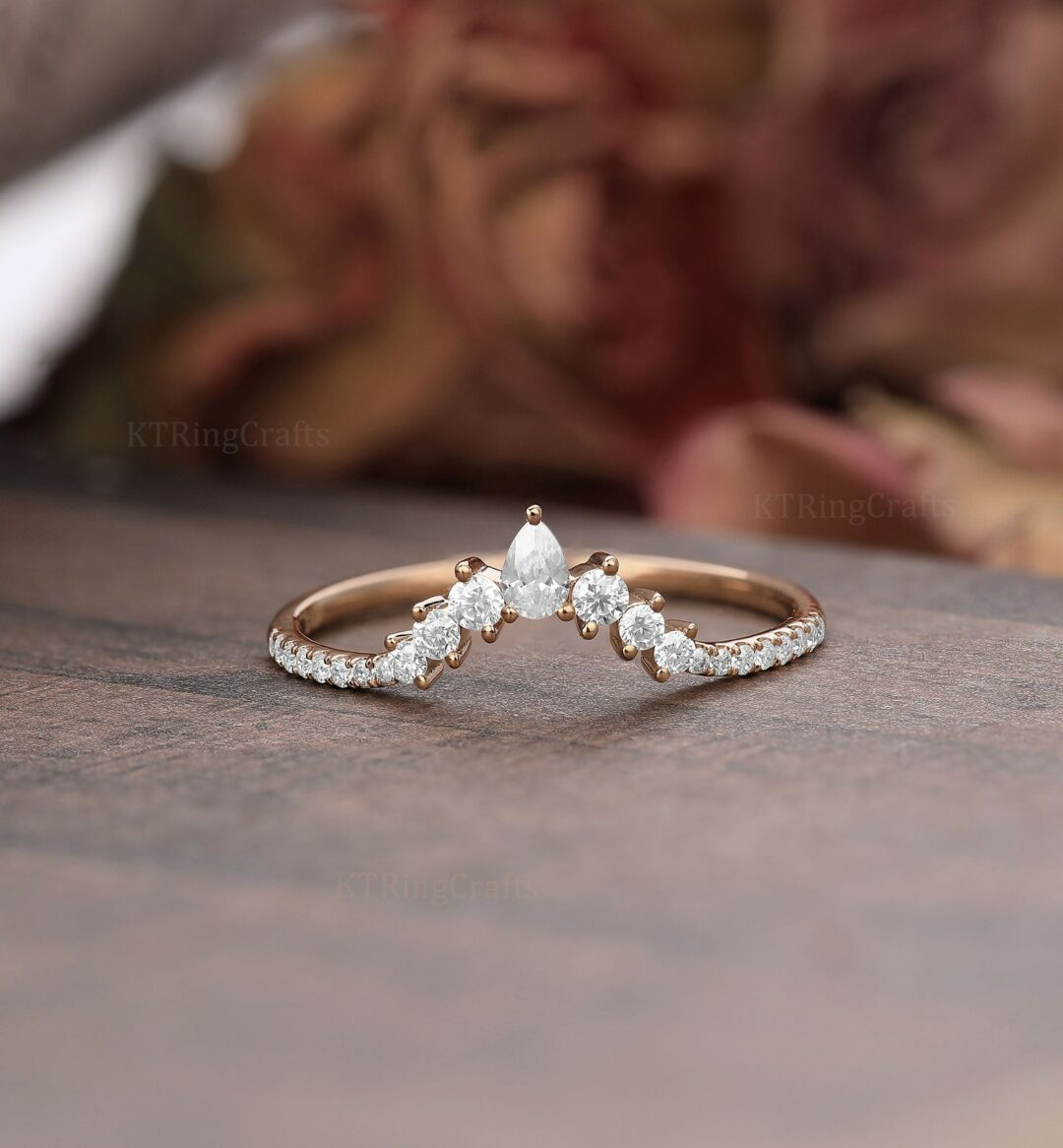 Curved wedding band Antique Moissanite Wedding ring Pear cut Rose Gold